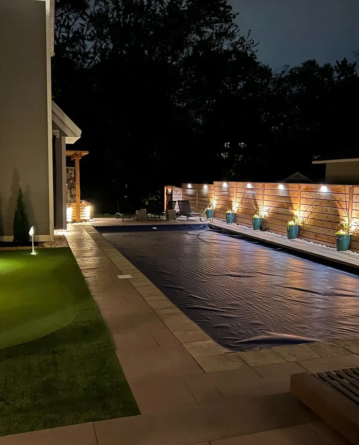 Path lighting along paver walkway
