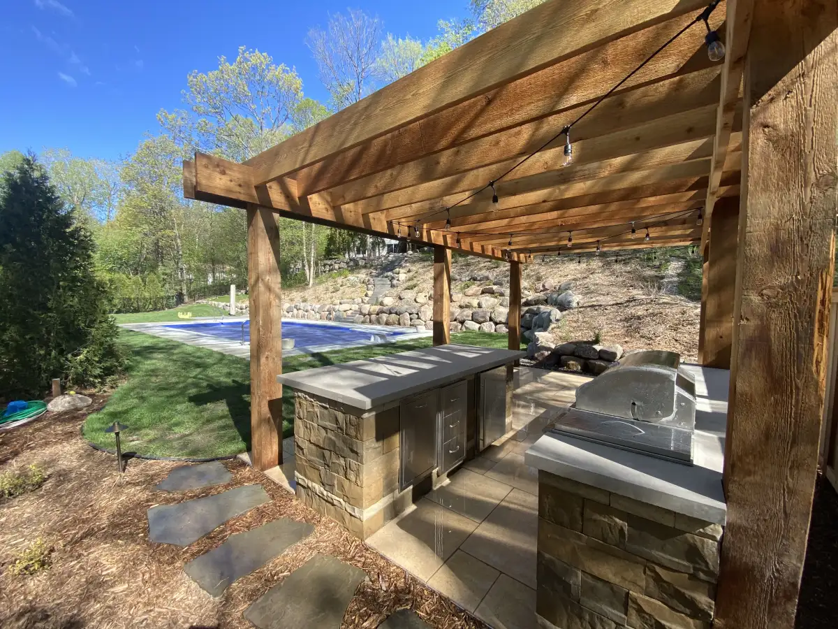 Attached pergola extending outdoor living space near Lake Minnetonka