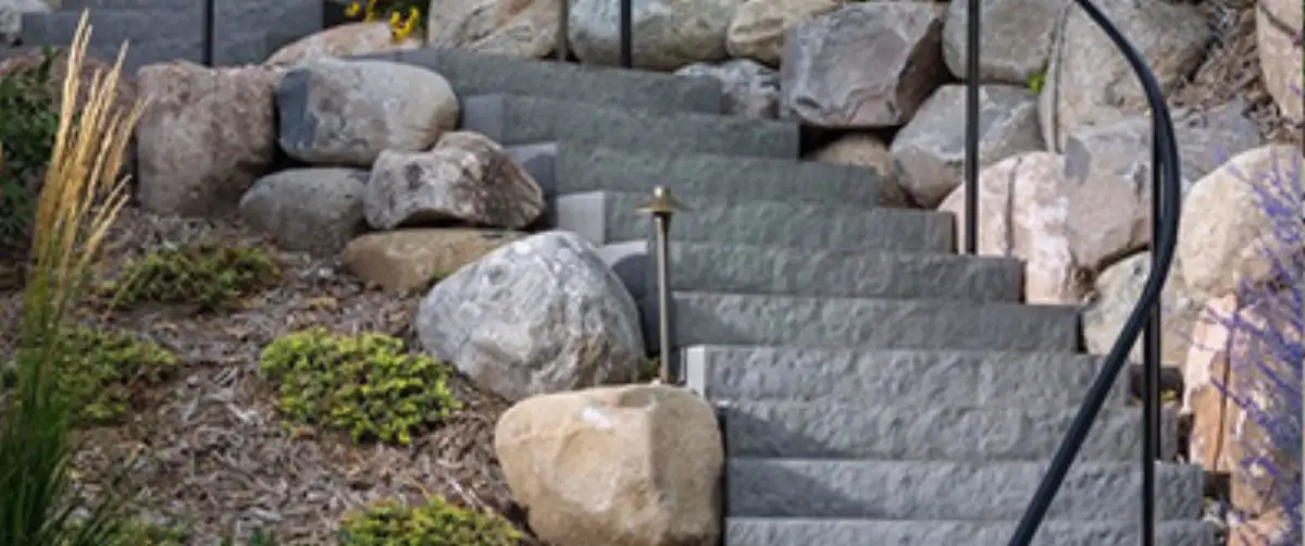 Natural stone and paver steps with landscape lighting in Shorewood